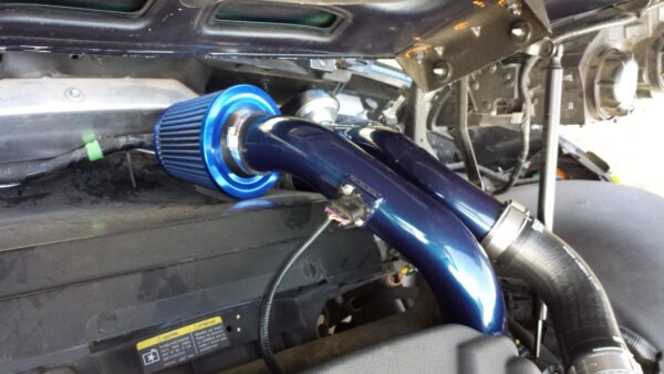 Installed Cold Air Intake Kit for the Pontiac Solstice GXP and Saturn Sky Redline painted in Metallic Blue.