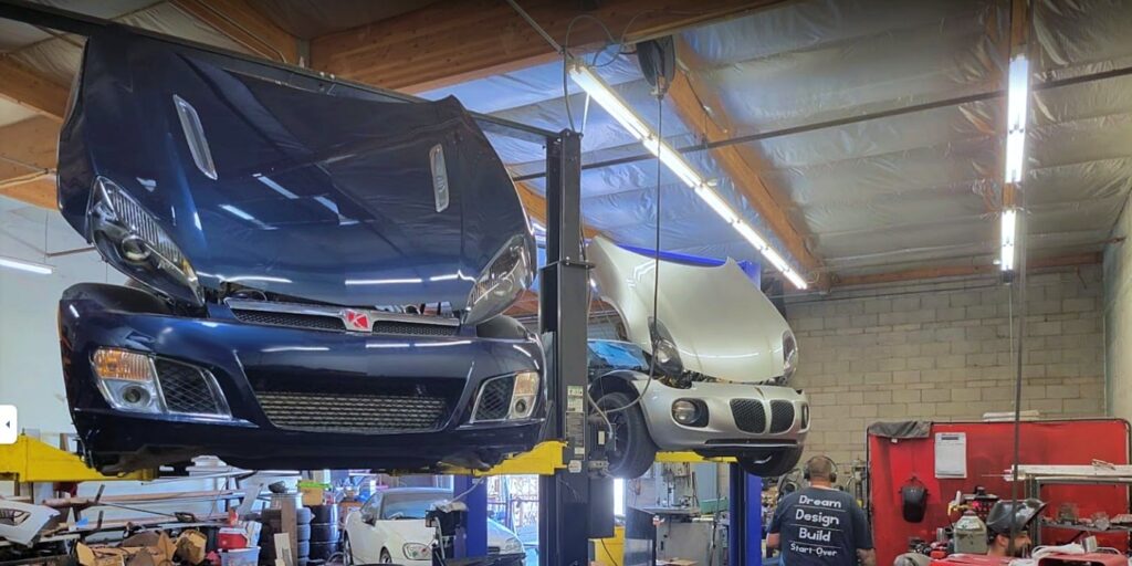 RPM Motorsports facility showing a Saturn Sky REdline and Pontiac Solstice GXP on the lifts getting Aftermarket Performance Upgrades done to them in Mesa, Arizona.